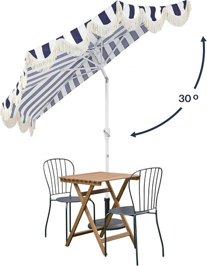 JONATHAN Y Half Umbrella UMB1201I Beverly 9 ft. Designer Classic Scalloped Fringe Market Patio with Crank, Tilt Button and UV Protection in Navy/White, White Pole