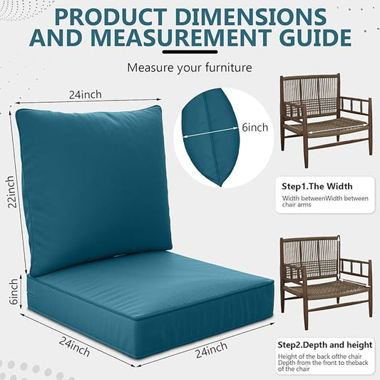 24" x 24" x 6" Outdoor Deep Seat Cushions Set - 2 Set Waterproof & Fade Resistant Patio Furniture Replacement Cushions, Non-Slip Outdoor Cushions Fit Loveseats, Couches, Chairs, and Sofas.