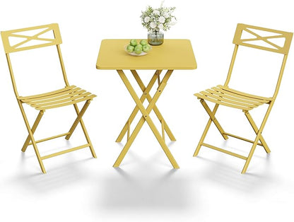 Outdoor Square Bistro Set 3 Piece, Yellow Iron Tube Patio Furniture Set with Square Table & 2 Chairs, Foldable Steel Backyard Deck Porch Garden , Space Saving Outdoor Dining Set for Small Spaces