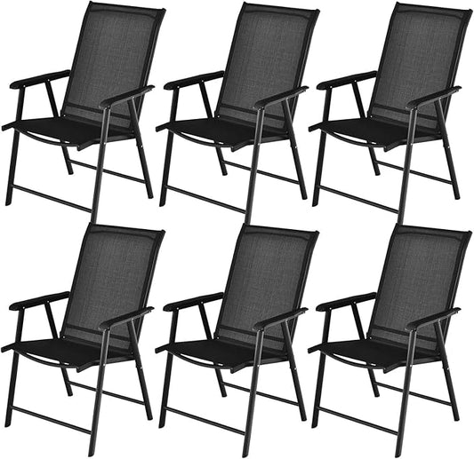 Tangkula Set of 6 Patio Folding Chairs, Outdoor Fabric Dining Chairs with High Back & Armrests, Sturdy Metal Frame for Patio Lawn Garden (Black)