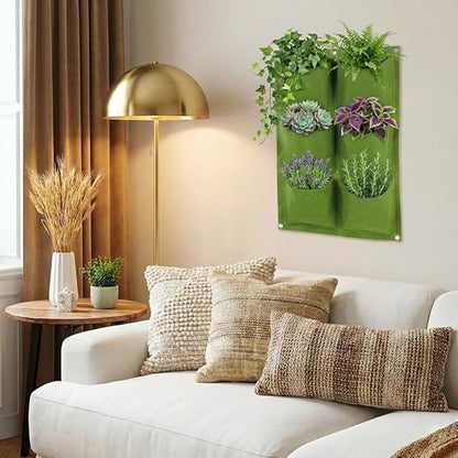 WFIST Vertical Hanging Planter Bag, Breathable Felt Wall Garden Planter with Metal Grommets, Indoor/Outdoor Space-Saving Herb & Flower Growing Pouch (6-Pocket)