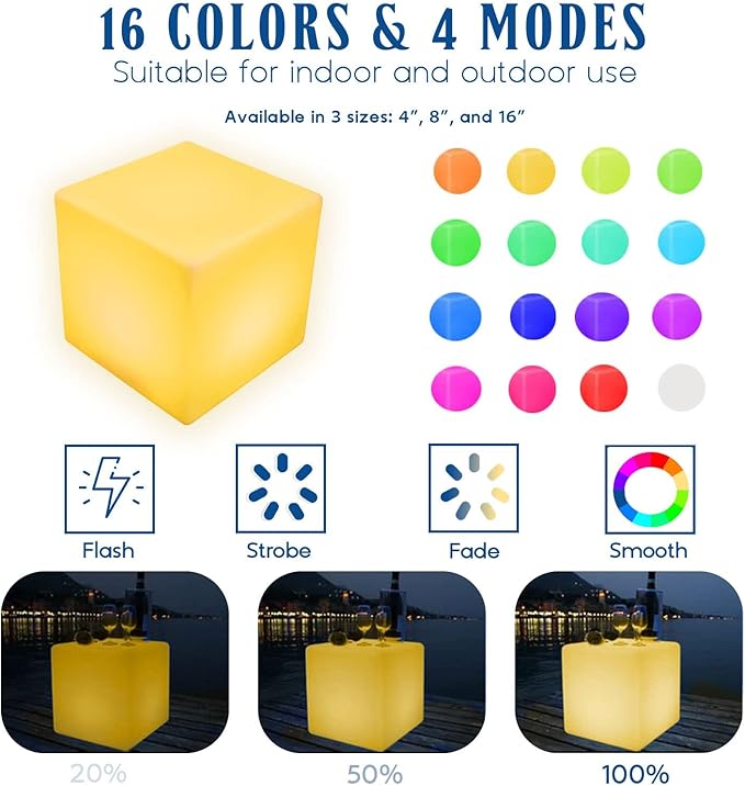 Novelty Lights 4 Inch RGB Cube Rechargeable Night Light, Waterproof Mood Lighting with Remote Control, Color-Changing Glow Cube for Indoor/Outdoor Use