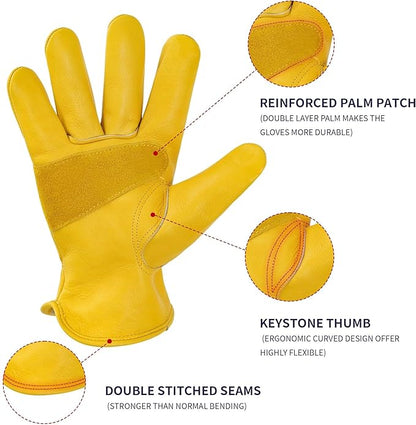 DULFINE Cowhide Leather Work Gloves for Men & Women, Reinforced Durable Gardening Gloves, Puncture & Cut Resistant