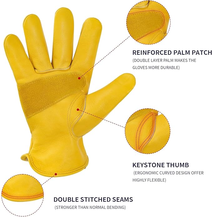 DULFINE Cowhide Leather Work Gloves for Men & Women, Reinforced Durable Gardening Gloves, Puncture & Cut Resistant