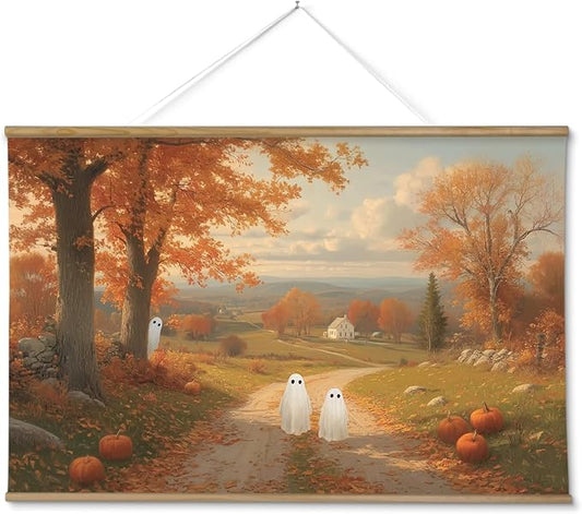 ARPEOTCY Extra Large Vintage Framed Wall Art, 36x54 Inch Halloween Wall Art Canvas, Vintage Autumn Landscape with Cute Ghosts and Pumpkins, Large Farmhouse Fall Wall Decor for Living Room Fireplace Entryway