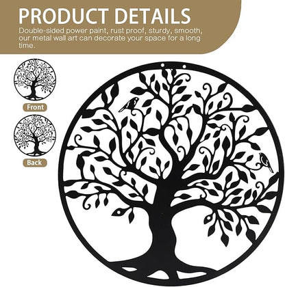 SOBEIT 20inch Tree of Life Metal Wall Art,Bird Tree Metal Wall Decor, Round Family Tree Wall Art for Wall Hanging, Garden, Home Decor, Living Room,Bedroom, Indoor, Outdoor(Black)