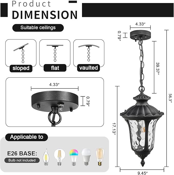 Outdoor Pendant Light Dusk to Dawn Sensor, 17.13 Inch Adjustable Exterior Hanging Light Fixture Black Outside Ceiling Chandelier for Entryway, Doorway, Farmhouse, Foyer