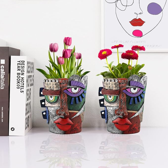 Abstract Face Flower Pots Head,Creative Inspiration Succulent pots,Head Planter with Drainage Hole,Colorful Plant Pots for Outdoor Garden Decor and Home Art Decoration(Maya