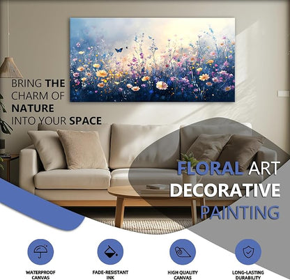 JLXART Canvas Wall Art Colorful Wildflower With Butterflies Wall Decor Purple and Yellow Poppy Floral Artwork Flowers Prints Paintings for Living Room Home Decorations,20x40inch
