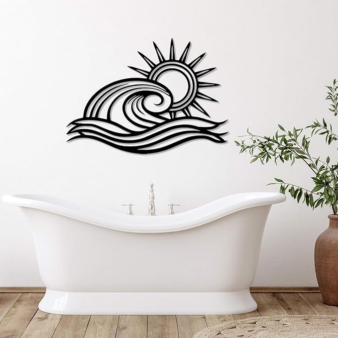 Sunrise Metal Wall Art, Sunrise Wall Decor Metal, Metal Wave Wall Art, Metal Sun Wall Decor Outdoor, Sunrise Sunset Metal Art Wall Decor, Wall Decor Living Room, Bathroom Wall Decor (35"x25"/90x64cm, White)