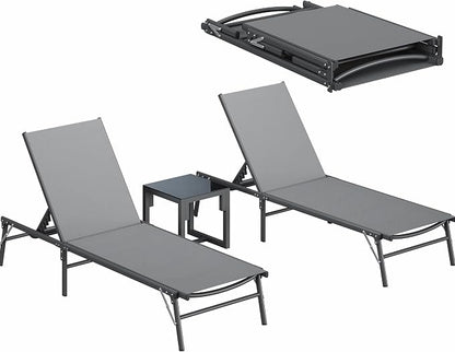 UDPATIO Foldable Patio Lounge Chair Set of 3 No Assembly Outdoor Chaise Lounge with Side Table