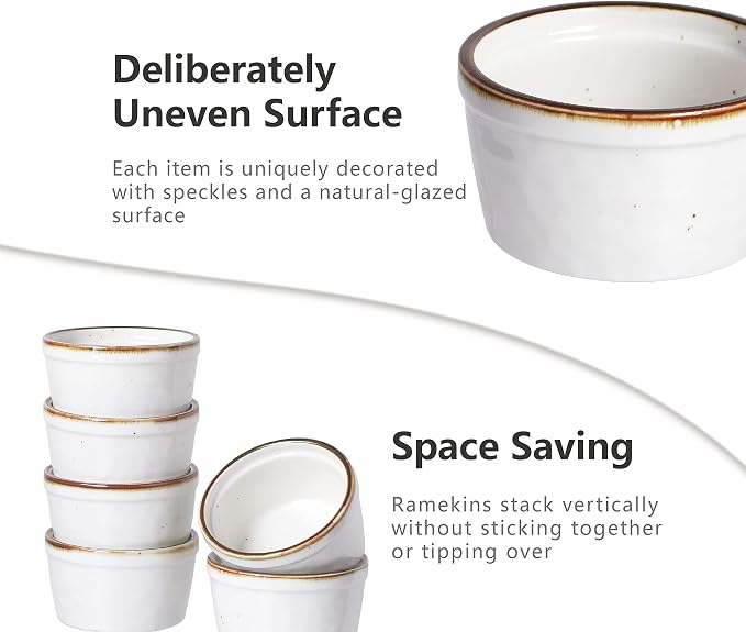 ONEMORE 8 oz Ramekins Oven Safe, Ceramic Small Ramekins with Brown Rim for Baking, Speckled Cute Ramekin Set for Creme Brulee, Sauces, Desserts & Ice Cream, Individual Custard/Pudding Cups Set of 6