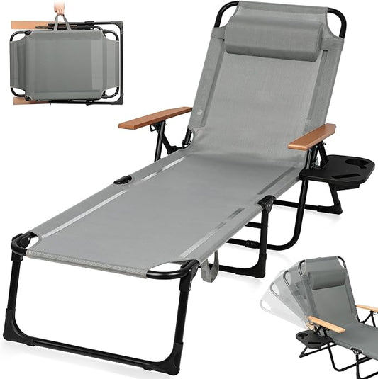 Beach Lounge Chairs with Armrests, 4-Position Folding Lounge Chairs for Outside, Sunbathing Portable Lounge Chaise, Tanning Chair Pillow & Cup Holder, for Outside Beach Pool (Grey)