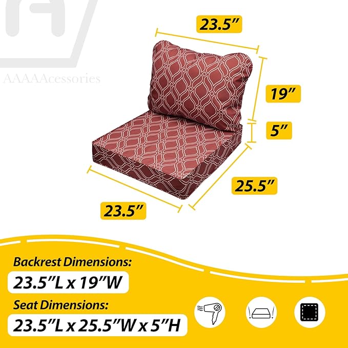 AAAAAcessories Outdoor Seat Cushions for Chairs, Fade-Resistant, Waterproof Patio Furniture Replacement Cushions, 23.5" x 25.5" x 5" + 23.5" x 19", Clay Red Vine Trellis