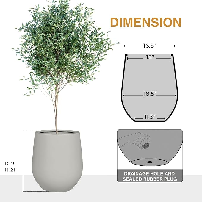21" H x 19" D Corso Fiberstone Round Tapered Planter, Christmas Tree Planter, Smooth Finishes, Weather Resistant for Indoor & Outdoor Use, 2 Extra Coco Mats (Light Gray, 15" Pot Opening)