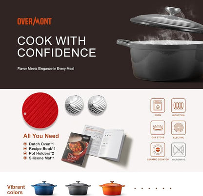 Overmont Enameled Cast Iron Dutch Oven - 5.5QT Pot with Lid Cookbook & Cotton Potholders - Heavy-Duty Cookware for Braising, Stews, Roasting, Sourdough Baking Grey