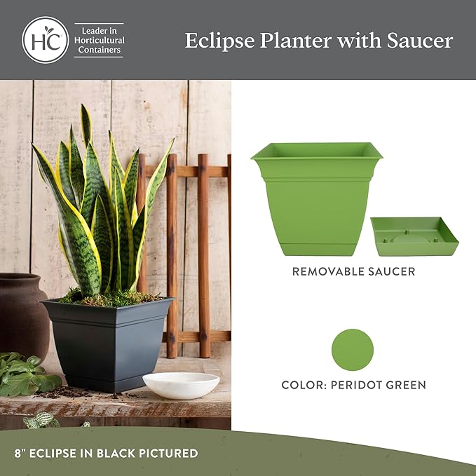 The HC Companies Eclipse Square Plastic Planter w/Attached Saucer - Outdoor & Indoor Plant Pot with Drainage Holes - Lightweight, UV-Resistant Plastic Pots for Plants (10" Peridot Green, Pack of 1)