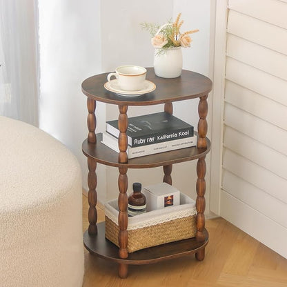 MaxSmeo Side Table with Charging Station, 3-Tier Small End Table with USB Ports and Outlets, Modern Oval Night Stand Accent Table for Living Room, Bedroom, Rustic Brown