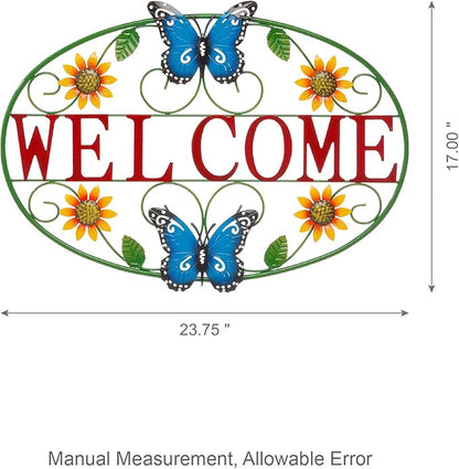 Glitzhome Metal Welcome Sign, Outdoor Metal Welcome Signs for Outside with Vivid Butterfly Wall Decor, Sunflower Garden Art Plaque for Porch Home Decoration