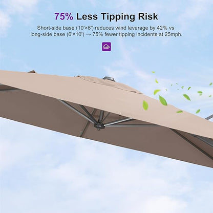 PURPLE LEAF 10' X 6.5' Swivel Outdoor Patio Aluminum Umbrella with Base Left-right Tilting Cantilever Offset Umbrella with UV Resistant Heavy Duty Fabric for Deck Pool Patio Backyard, Sand Dune