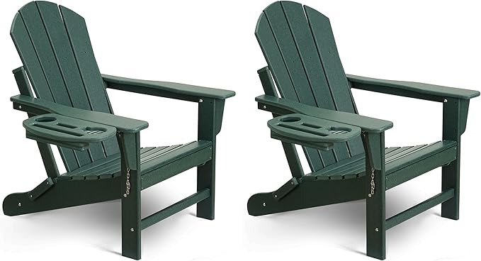 Adirondack Chair Set of 2, HDPE Folding Adirondack Chair with Multifunctional Cup Holder, Weather Resistant Fire Pit Chair for porches, patios, patios, poolsides, Decks.