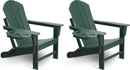 Adirondack Chair Set of 2, HDPE Folding Adirondack Chair with Multifunctional Cup Holder, Weather Resistant Fire Pit Chair for porches, patios, patios, poolsides, Decks.