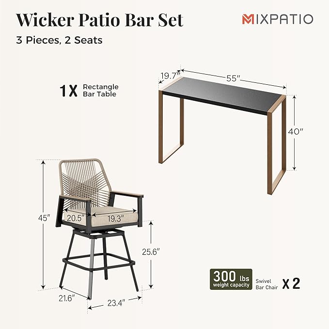 3 Piece Outdoor Bar Set, Swivel Counter Height Bar Stools with 40" Table, Wicker High Top Outdoor Table and Chairs with Cushion, Patio Barstool Set for Porch, Pool and Deck, Beige