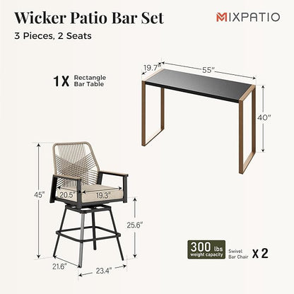3 Piece Outdoor Bar Set, Swivel Counter Height Bar Stools with 40" Table, Wicker High Top Outdoor Table and Chairs with Cushion, Patio Barstool Set for Porch, Pool and Deck, Beige