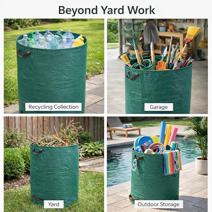 Gardzen 3-Pack 80 Gallon Yard Waste Bags, Reusable Heavy Duty Collapsible Garden Leaf Bags with Plastic Ring, Stand-Up Yard Waste Bin for Leaves, Lawn Debris & Grass Clippings