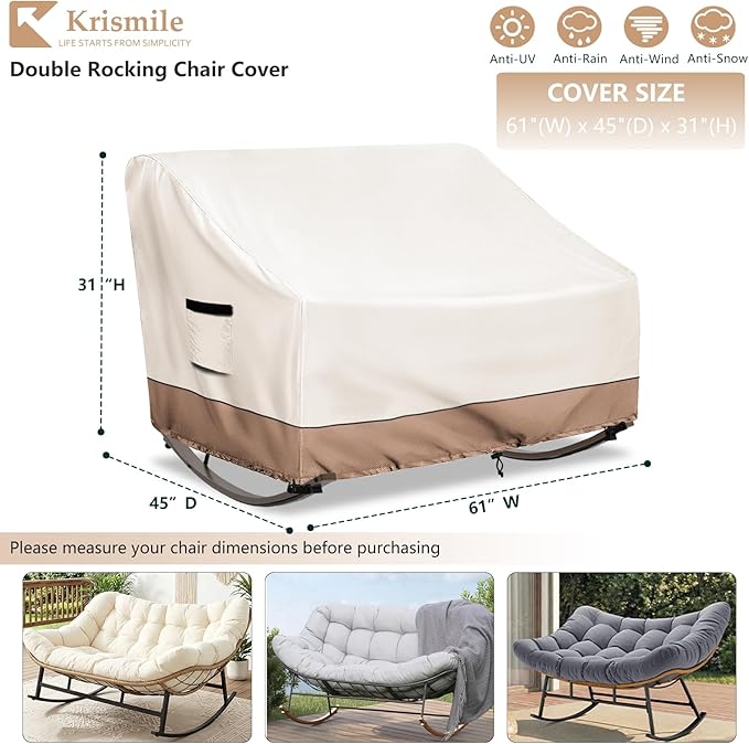 Outdoor Rocking Chair Cover, Heavy Duty Waterproof Oversized Double Rocking Papasan Chair Cover with Split Zipper, Easy to use, Beige