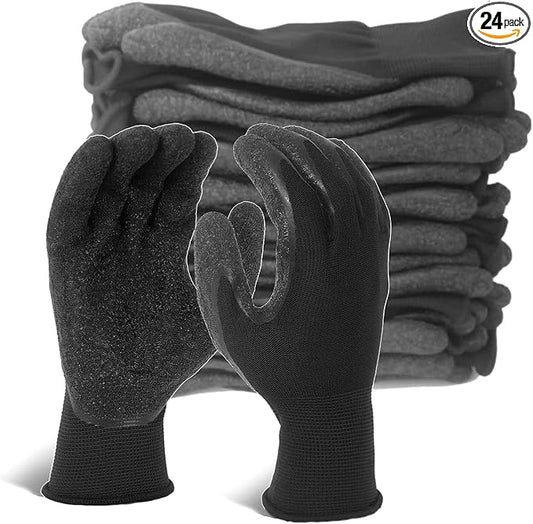 Evridwear Crinkle Latex Rubber Hand Coated Safety Work Gloves for Men Women General Multi Use Construction Warehouse Gardening Assembly Landscaping,Black X-small 12 Pairs Pack