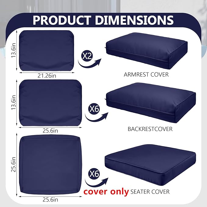 14 Piece Outdoor Patio Waterproof Cushion Covers, Fits 6-Seat Wicker Rattan Sectional Couch Chair Furniture Cover Replacement Set - Fade-Resistant Patio Cushion Covers with Zipper