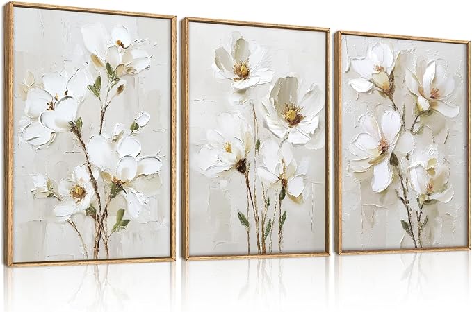 FWIEXA 3D Beige White Floral Canvas Wall Art Set 3,Texture Neutral Flower Framed Prints,Modern Abstract Aesthetic Botanical Paintings,16x24In Watercolor Minimalist Magnolia Artwork for Living Room,Bedroom,Office