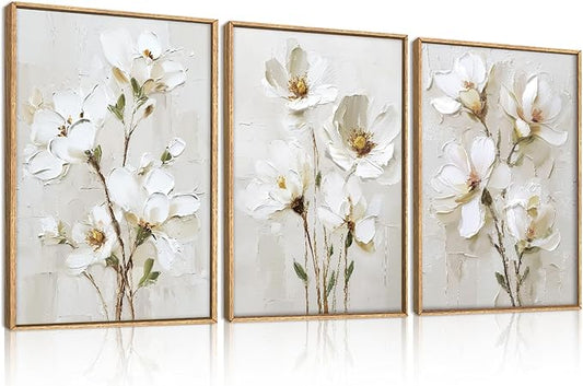 FWIEXA 3D Beige White Floral Canvas Wall Art Set 3,Texture Neutral Flower Framed Prints,Modern Abstract Aesthetic Botanical Paintings,16x24In Watercolor Minimalist Magnolia Artwork for Living Room,Bedroom,Office