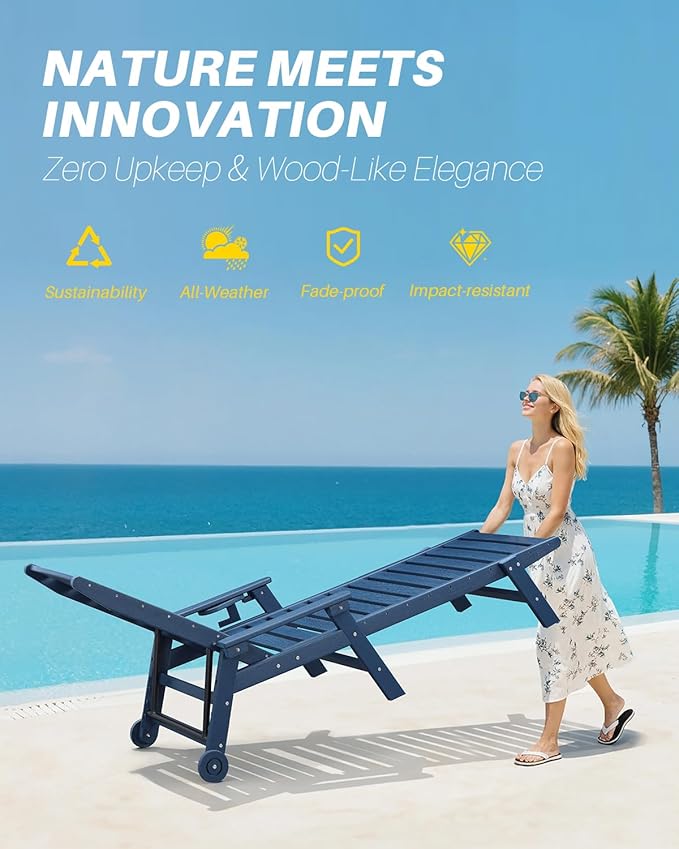 HDPE Outdoor Chaise Lounge Set of 2, 5-Position Adjustable Outdoor Lounger with Wheels & Cup Holder, 78.4'' Poly Lounge Chairs Furniture, HDPE Patio Lounge Chairs for Deck, Pool, Beach, Navy
