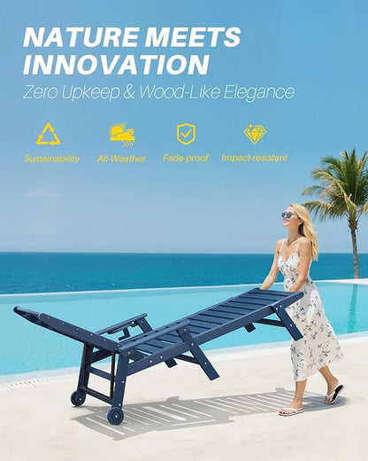 HDPE Outdoor Chaise Lounge Set of 2, 5-Position Adjustable Outdoor Lounger with Wheels & Cup Holder, 78.4'' Poly Lounge Chairs Furniture, HDPE Patio Lounge Chairs for Deck, Pool, Beach, Navy