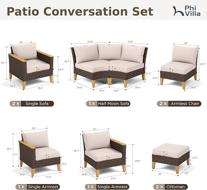 PHI VILLA 9-Piece Wicker Patio Furniture Set, Outdoor Half-Moon Curved Sectional Sofa with Thick Beige Cushions, 2 Ottomans, 2 Single Seats, Large Conversation Seating for Garden or Backyard