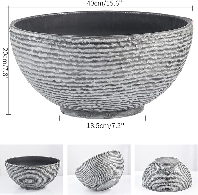 Sungmor Ash Black Resin Outdoor Low Bowl Planter Bird Bath 15.6 Inch Water Lily Succulent Pots Small Fountain Base