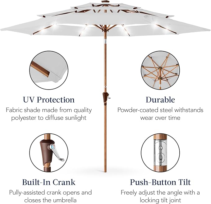 Best Choice Products 10ft 3-Tier Solar Patio Market Umbrella, Outdoor Sun Shade for Backyard, Deck, Poolside, Table w/Woodgrain Pattern, LED Lights, Tilt Adjustment - Fog Gray