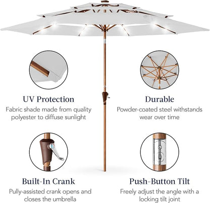 Best Choice Products 10ft 3-Tier Solar Patio Market Umbrella, Outdoor Sun Shade for Backyard, Deck, Poolside, Table w/Woodgrain Pattern, LED Lights, Tilt Adjustment - Fog Gray