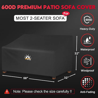 Zettum Patio Loveseat Cover 58 Inch - 600D Outdoor Couch Cover Furniture Sofa Cover Waterproof Heavy Duty, 2-Seater Bench Cover for Outside Sofa, Loveseat, Couch, Bench and Glider - 58 x 32 x 32 Inch