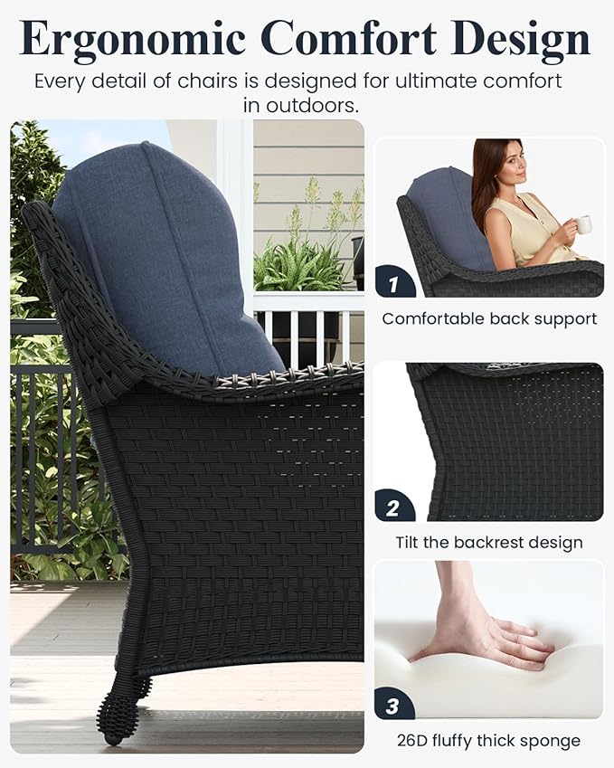 LayinSun 7 Piece Wicker Outdoor Furniture Set with 6-inch Comfy Cushions, High Back Patio Furniture Set with Rattan Armchairs and Fire Pit Table