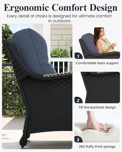 LayinSun 7 Piece Wicker Outdoor Furniture Set with 6-inch Comfy Cushions, High Back Patio Furniture Set with Rattan Armchairs and Fire Pit Table