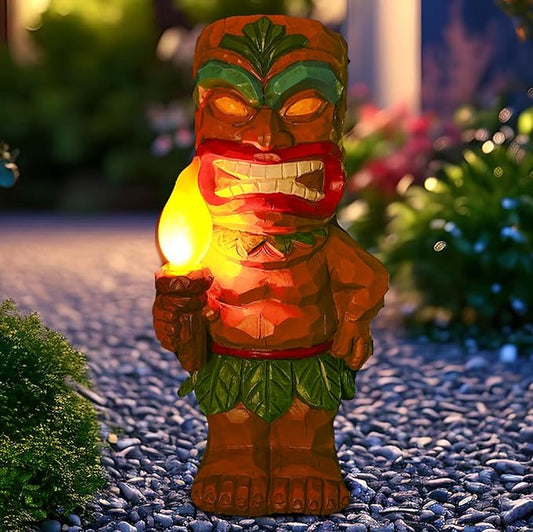 Solar Tiki Garden Statues Tiki Statue Holding Torches with Flickering Flame LED Lights for Tiki Bar Porch Lawn Yard Outdoor Decorations Christmas Birthday Gardening Gift for Mom Women