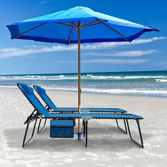 GYMAX Lounge Chairs for Outside, Extra High Folding Beach Tanning Lounger with Adjustable Backrest, Footrest & Removable Pillow, Sunbathing Lounge for Patio, Poolside (1, Navy with Pocket)