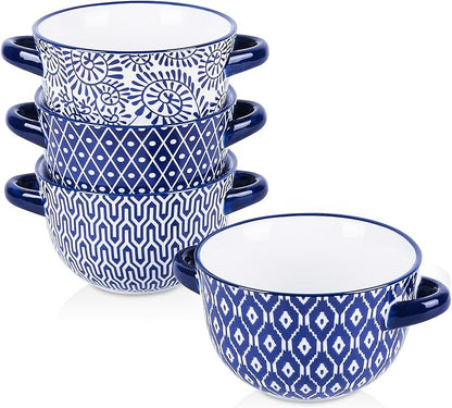 Selamica Ceramic Soup Bowls with Handles, French Onion Soup Crocks 20 OZ, Oven Safe Soup Bowls for French Onion, Chili, Beef Stew, Cereal, Pot Pies, Set of 4, Vintage Blue