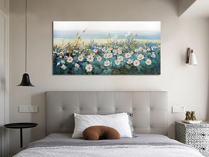 Arjun Flower Wall Art for Living Room, Teal Bedroom Canvas Daisy Floral Painting Landscape Picture Artwork Large Textured Office Home Dining Room Kitchen Wall Decor 40"x20"