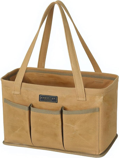 Durable 16OZ Waxed Canvas Tool Bag with Metal Frame, 13.5 Inch Large Collapsible Storage Tool Tote(Khaki | 13.5 X 7.8 X 7.8in)