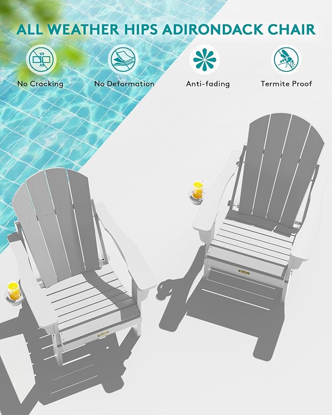SERWALL Folding Adirondack Chair Set of 6, Weather Resistant HIPS Lawn Chairs with Cup Holder for Patio Garden Outdoors Fire Pit- Spanish Gray