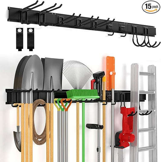 64" Wall Mount Tool Storage Rack, 15 PCS Heavy Duty Steel Yard Garden Tool Organizer, Garage Tool Organizer Wall Mounted Storage System Hold Up to 550lbs, with 2 Extension Cord